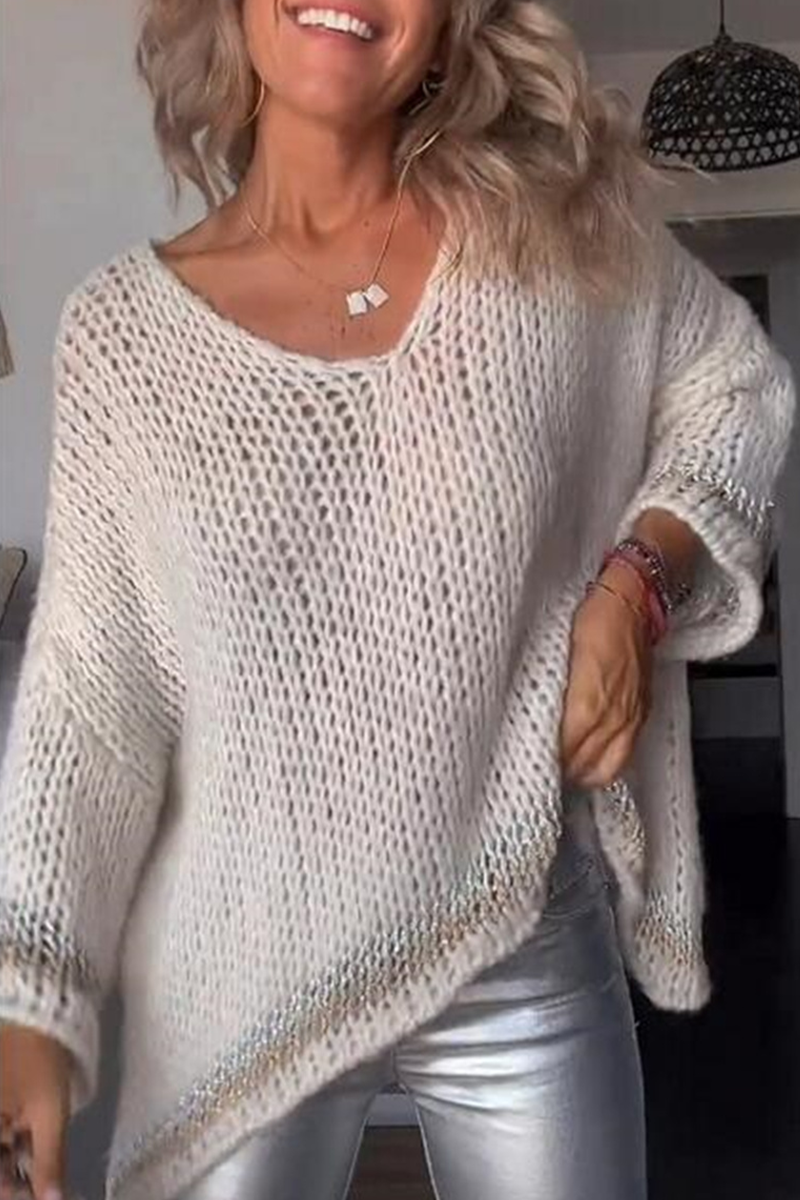 Casual Solid Tassel Contrast V Neck Sweaters