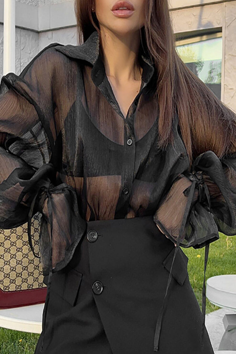 Sexy Solid See-through Mesh Turndown Collar Blouses
