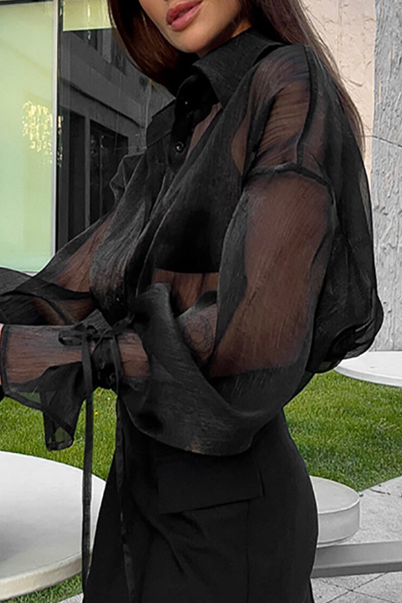Sexy Solid See-through Mesh Turndown Collar Blouses