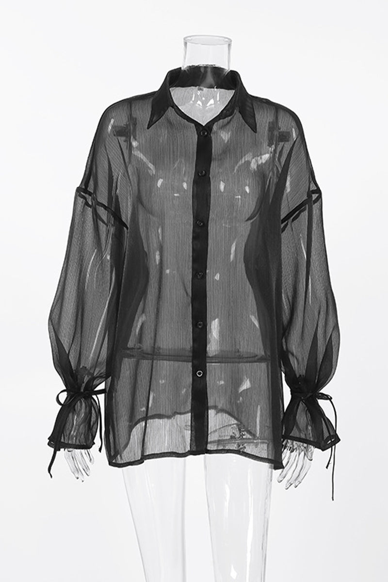 Sexy Solid See-through Mesh Turndown Collar Blouses