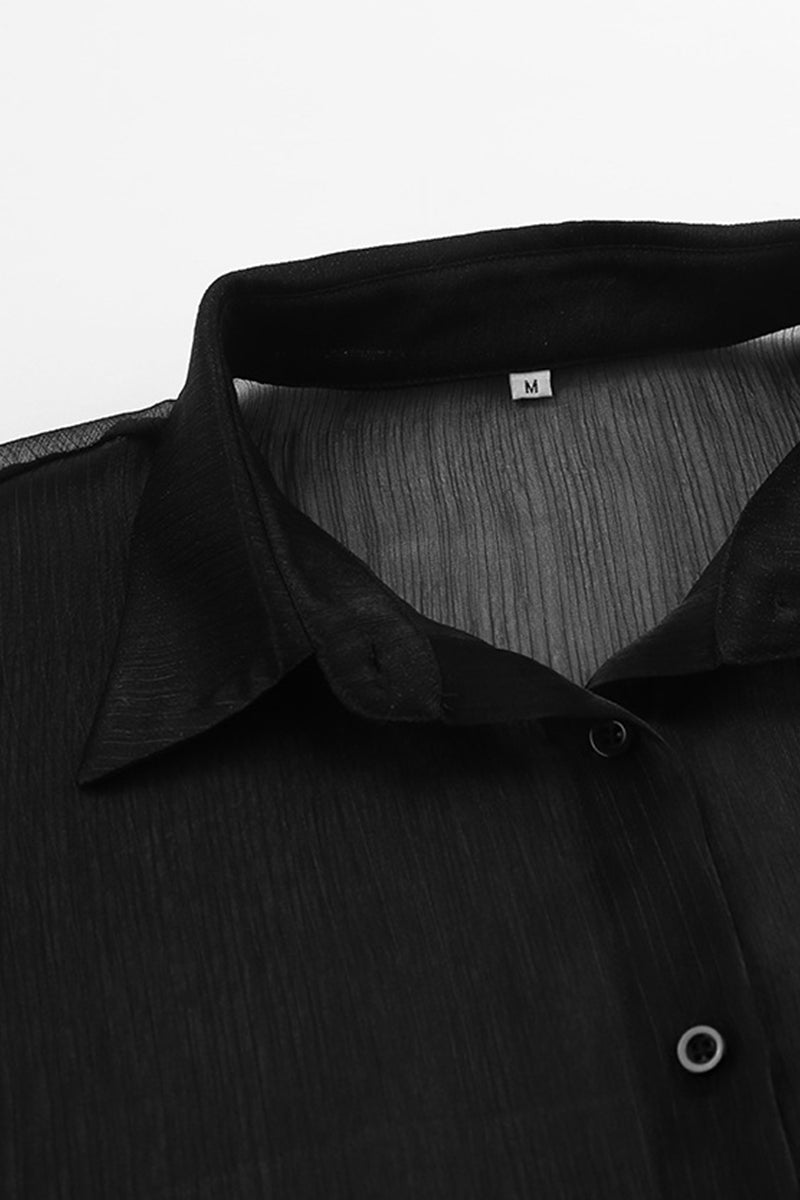 Sexy Solid See-through Mesh Turndown Collar Blouses