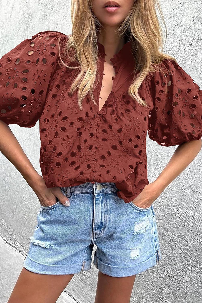 Casual Solid Hollowed Out Buckle Mandarin Collar Blouses(3 Colors)