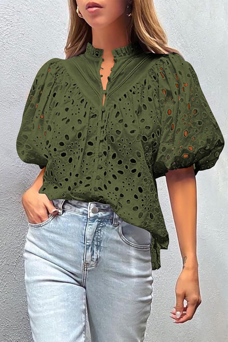 Casual Solid Hollowed Out Buckle Mandarin Collar Blouses(3 Colors)