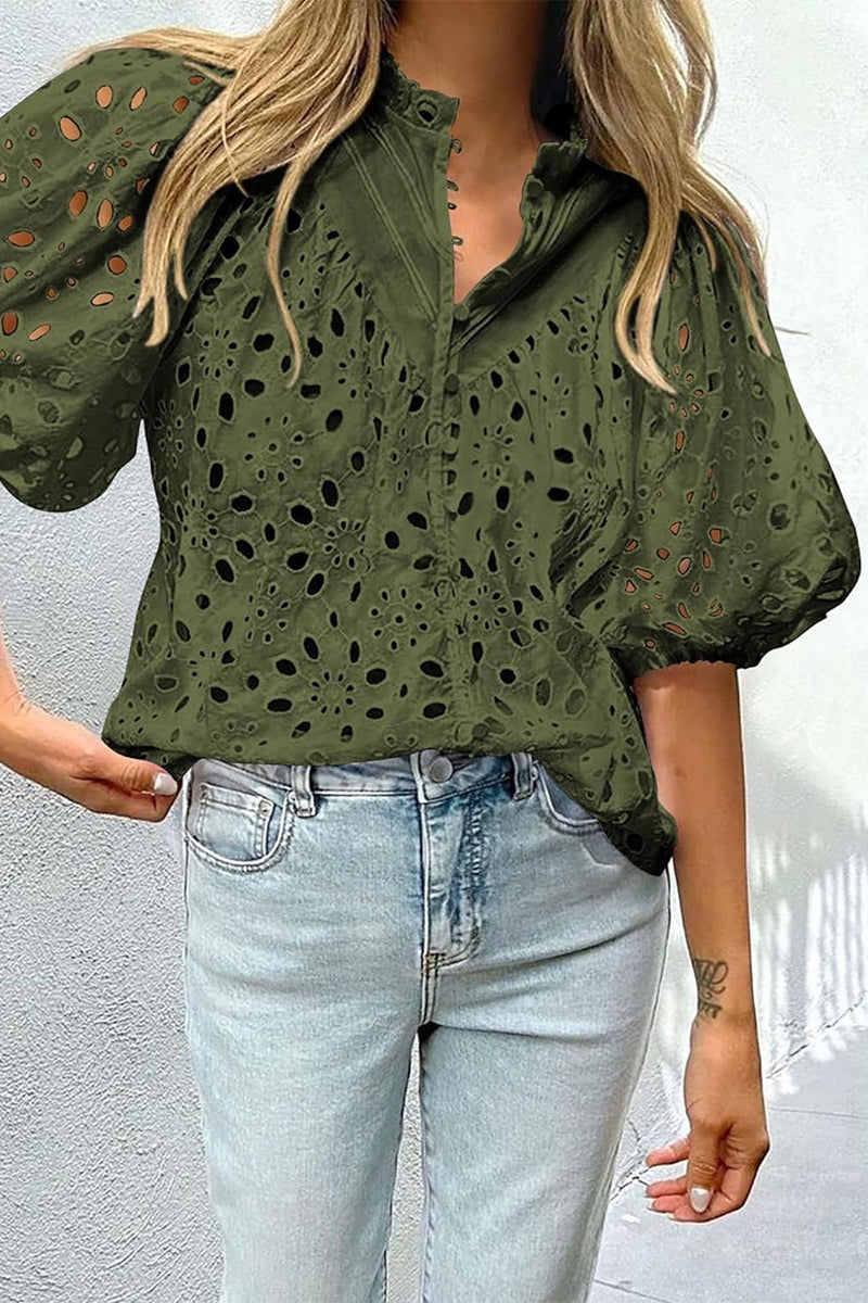Casual Solid Hollowed Out Buckle Mandarin Collar Blouses(3 Colors)