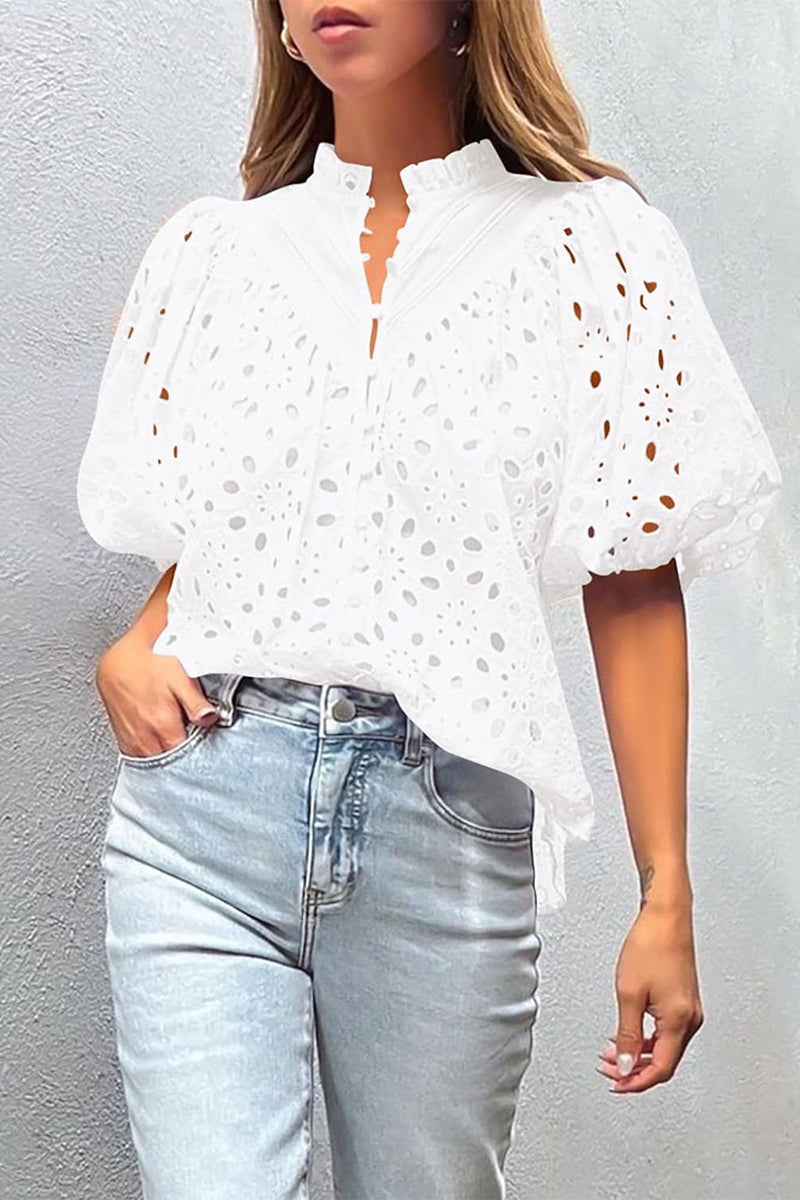 Casual Solid Hollowed Out Buckle Mandarin Collar Blouses(3 Colors)
