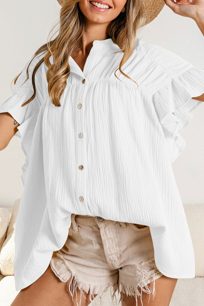 Casual Solid Fold Stringy Selvedge Mandarin Collar Blouses(5 Colors)
