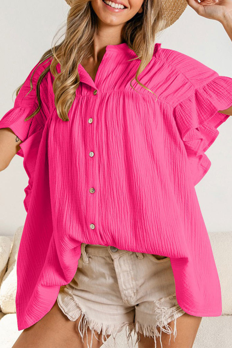 Casual Solid Fold Stringy Selvedge Mandarin Collar Blouses(5 Colors)
