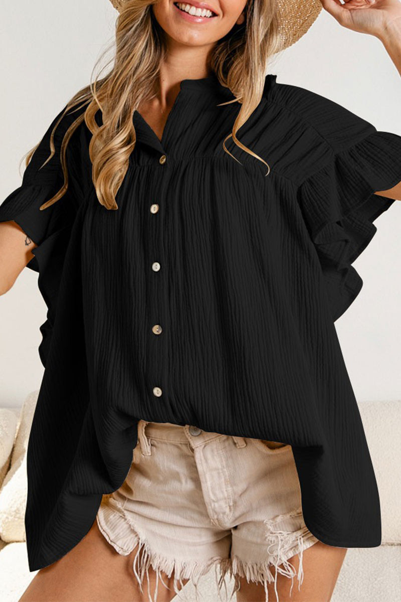 Casual Solid Fold Stringy Selvedge Mandarin Collar Blouses(5 Colors)