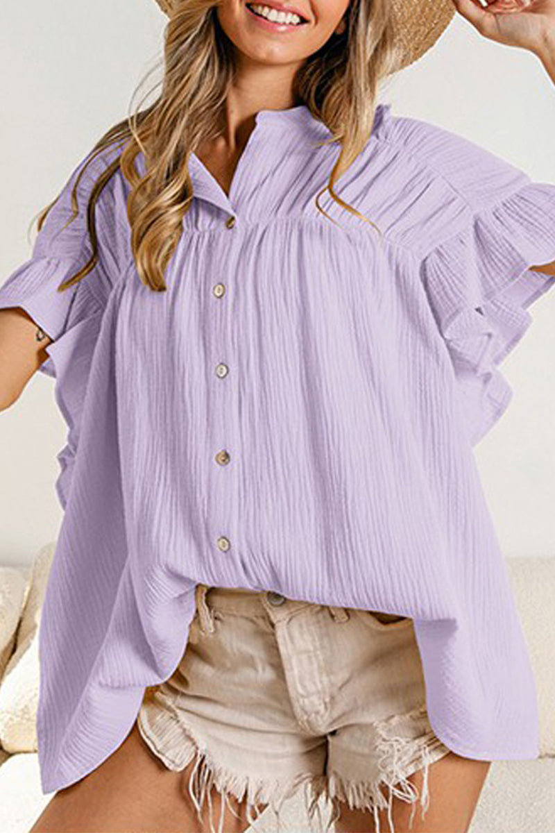 Casual Solid Fold Stringy Selvedge Mandarin Collar Blouses(5 Colors)