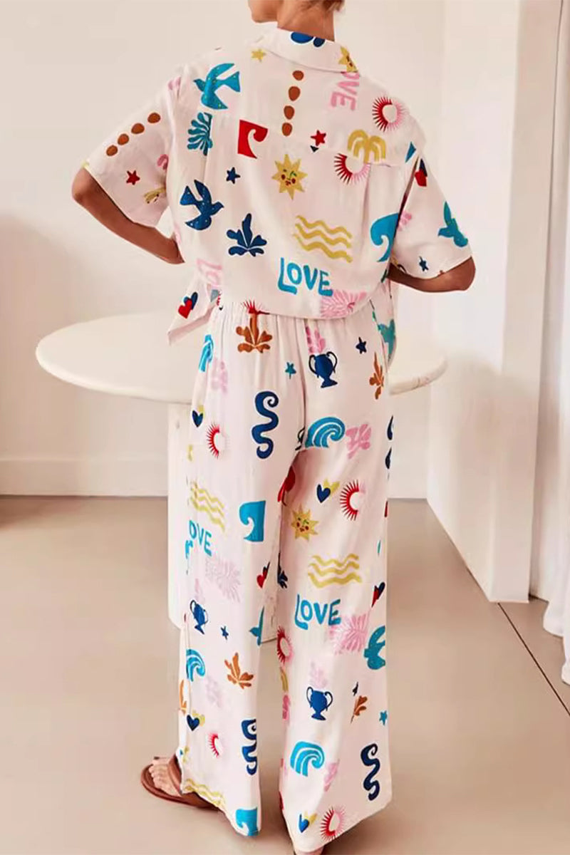 Casual Print Graffiti Pocket Turndown Collar Long Sleeve Two Pieces