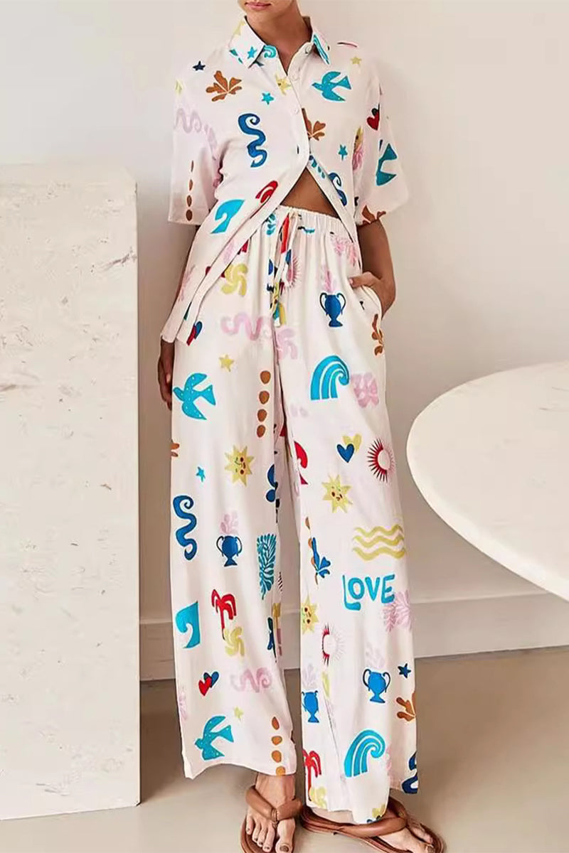 Casual Print Graffiti Pocket Turndown Collar Long Sleeve Two Pieces