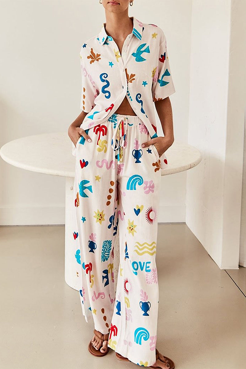 Casual Print Graffiti Pocket Turndown Collar Long Sleeve Two Pieces