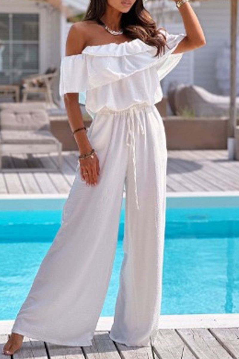 Elegant Solid Flounce Fold Off the Shoulder Loose Jumpsuits