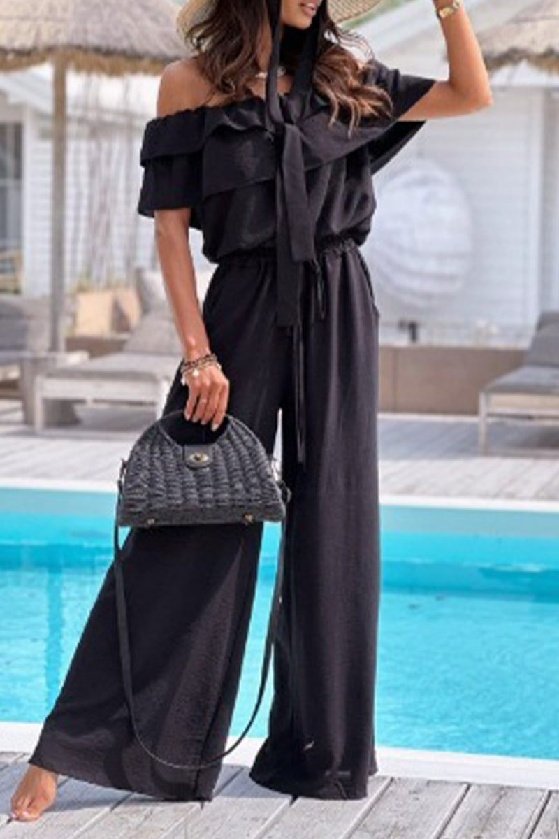 Elegant Solid Flounce Fold Off the Shoulder Loose Jumpsuits