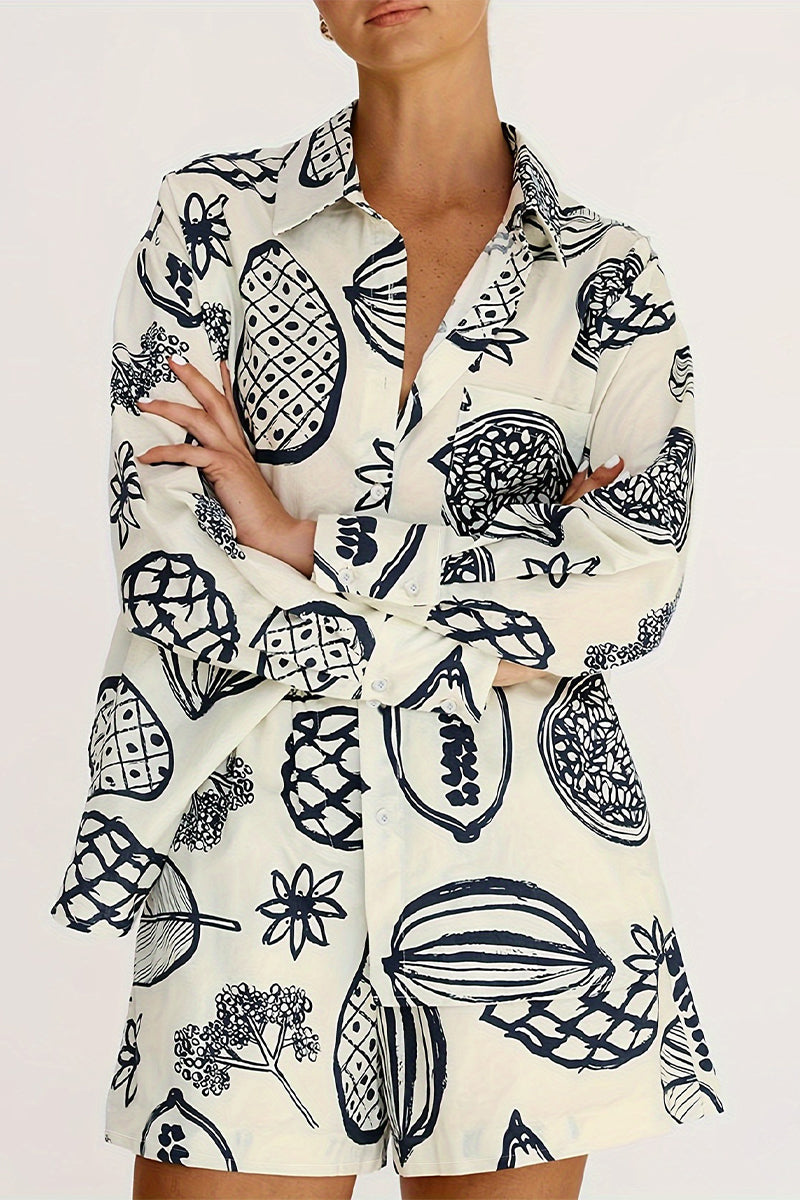 Casual Print Graffiti Pocket Turndown Collar Long Sleeve Two Pieces