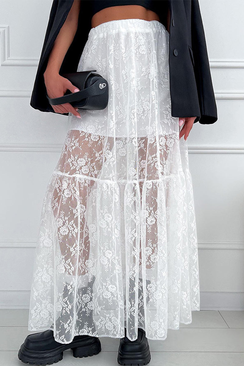 Elegant Solid Lace See-through Loose High Waist Type A Solid Color Bottoms