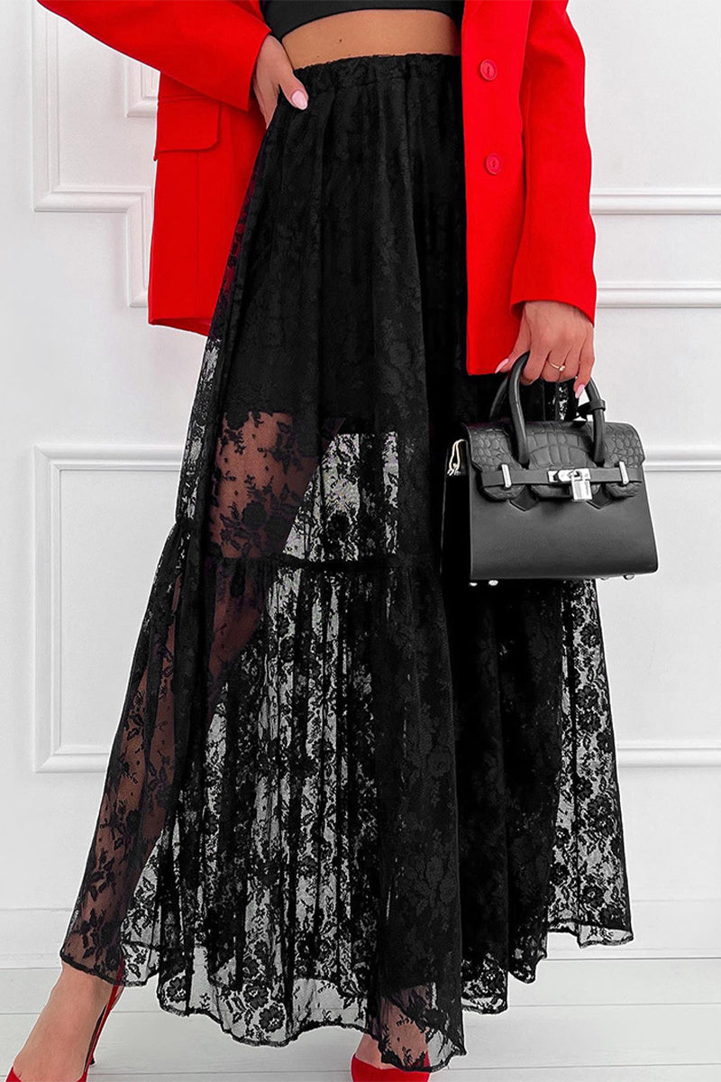 Elegant Solid Lace See-through Loose High Waist Type A Solid Color Bottoms