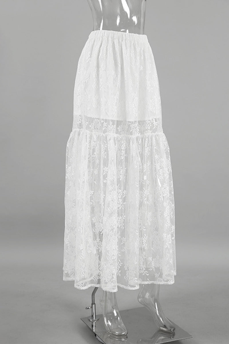 Elegant Solid Lace See-through Loose High Waist Type A Solid Color Bottoms