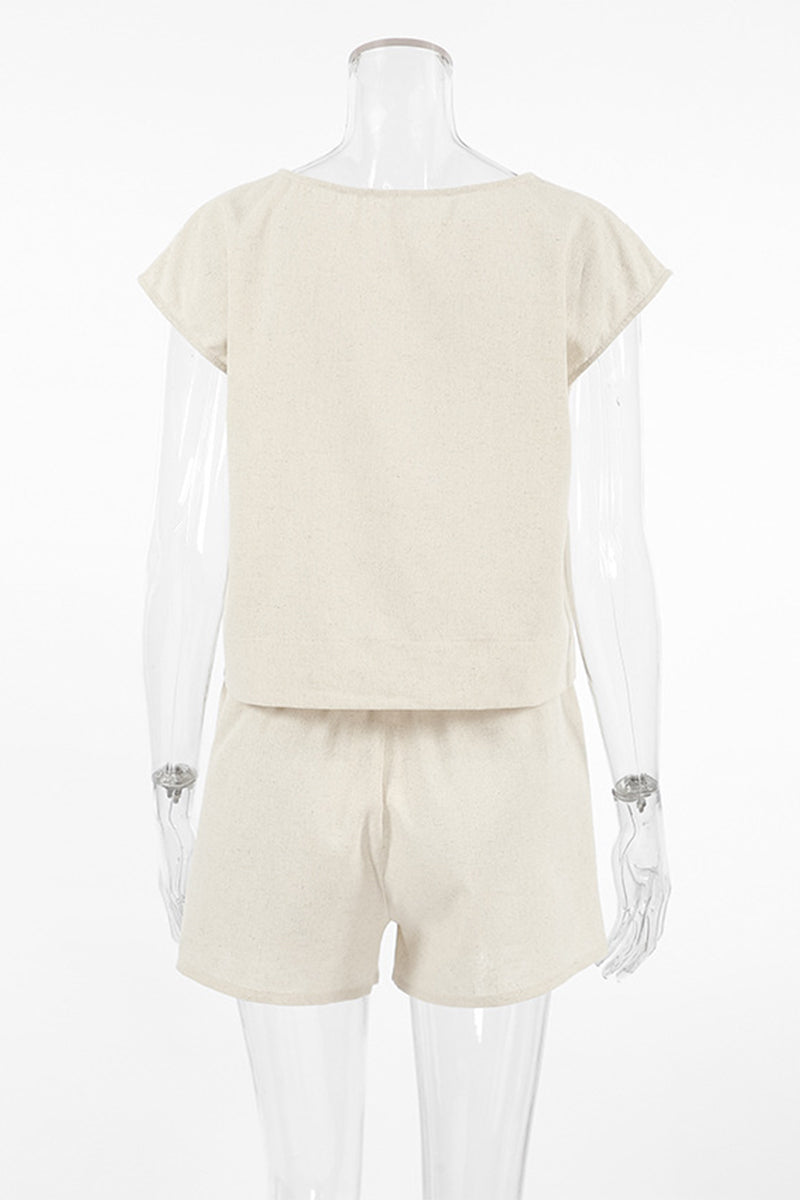 Casual Daily Solid Color Pocket O Neck Short Sleeve Two Pieces