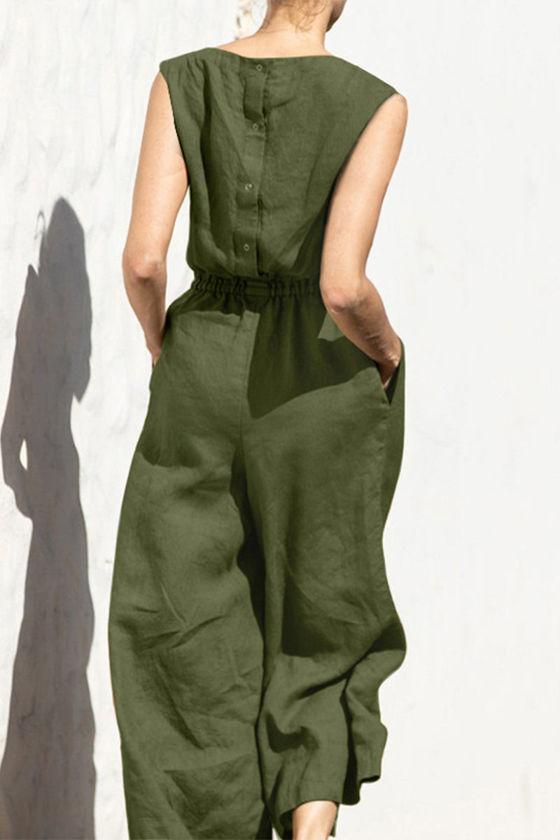 Casual Simplicity Solid Pocket O Neck Loose Jumpsuits(9 Colors)