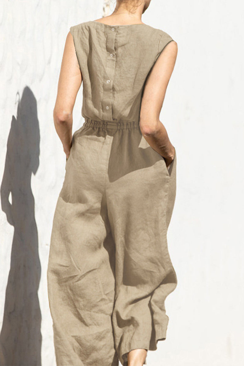 Casual Simplicity Solid Pocket O Neck Loose Jumpsuits(9 Colors)