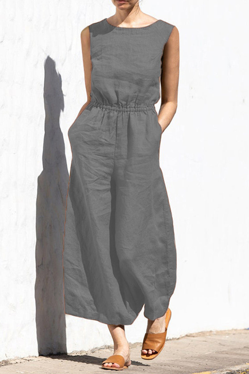 Casual Simplicity Solid Pocket O Neck Loose Jumpsuits(9 Colors)