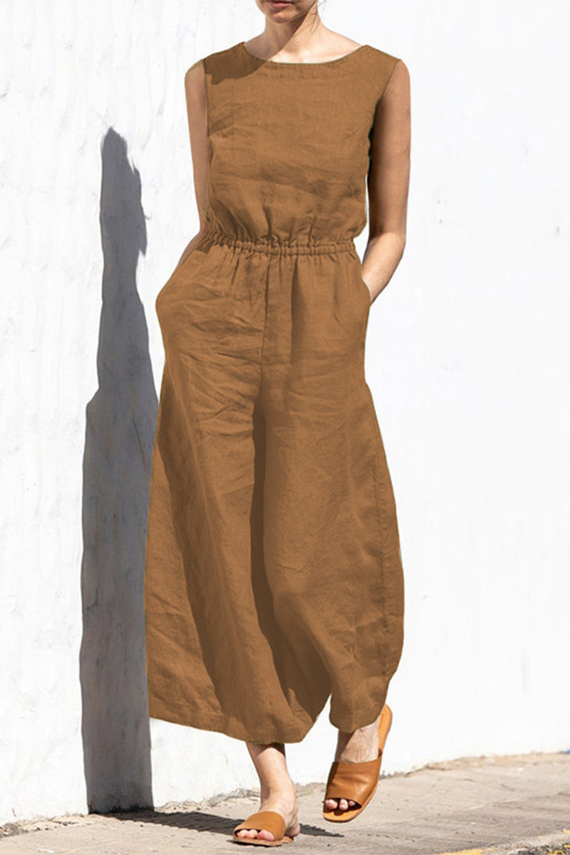Casual Simplicity Solid Pocket O Neck Loose Jumpsuits(9 Colors)