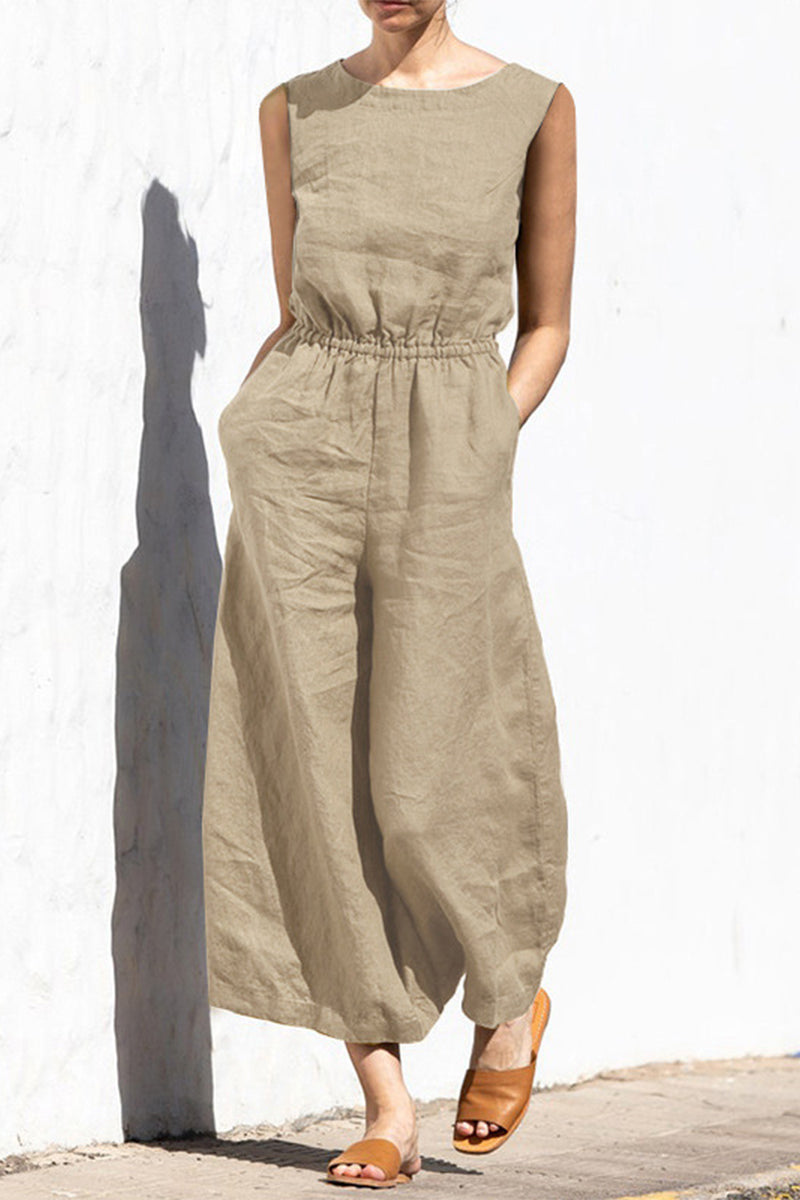 Casual Simplicity Solid Pocket O Neck Loose Jumpsuits(9 Colors)