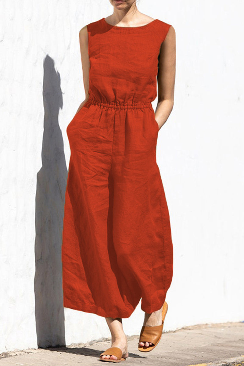 Casual Simplicity Solid Pocket O Neck Loose Jumpsuits(9 Colors)