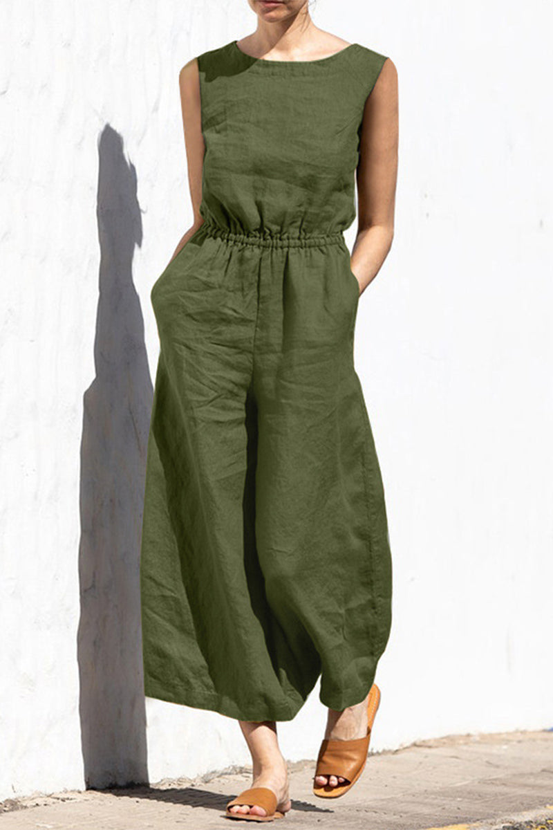 Casual Simplicity Solid Pocket O Neck Loose Jumpsuits(9 Colors)