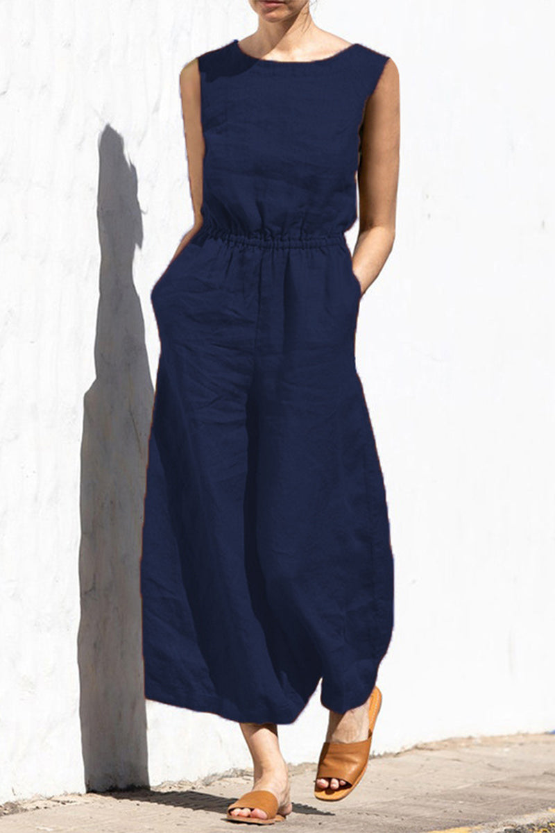Casual Simplicity Solid Pocket O Neck Loose Jumpsuits(9 Colors)