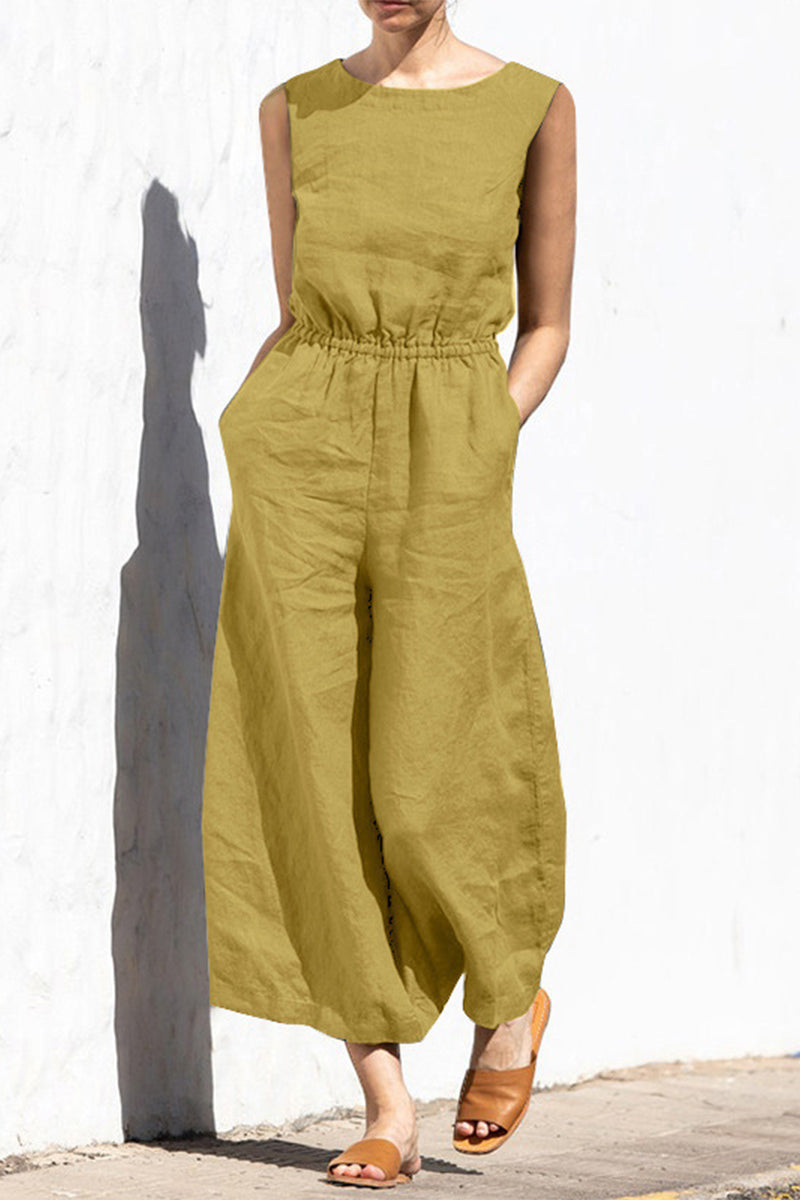 Casual Simplicity Solid Pocket O Neck Loose Jumpsuits(9 Colors)