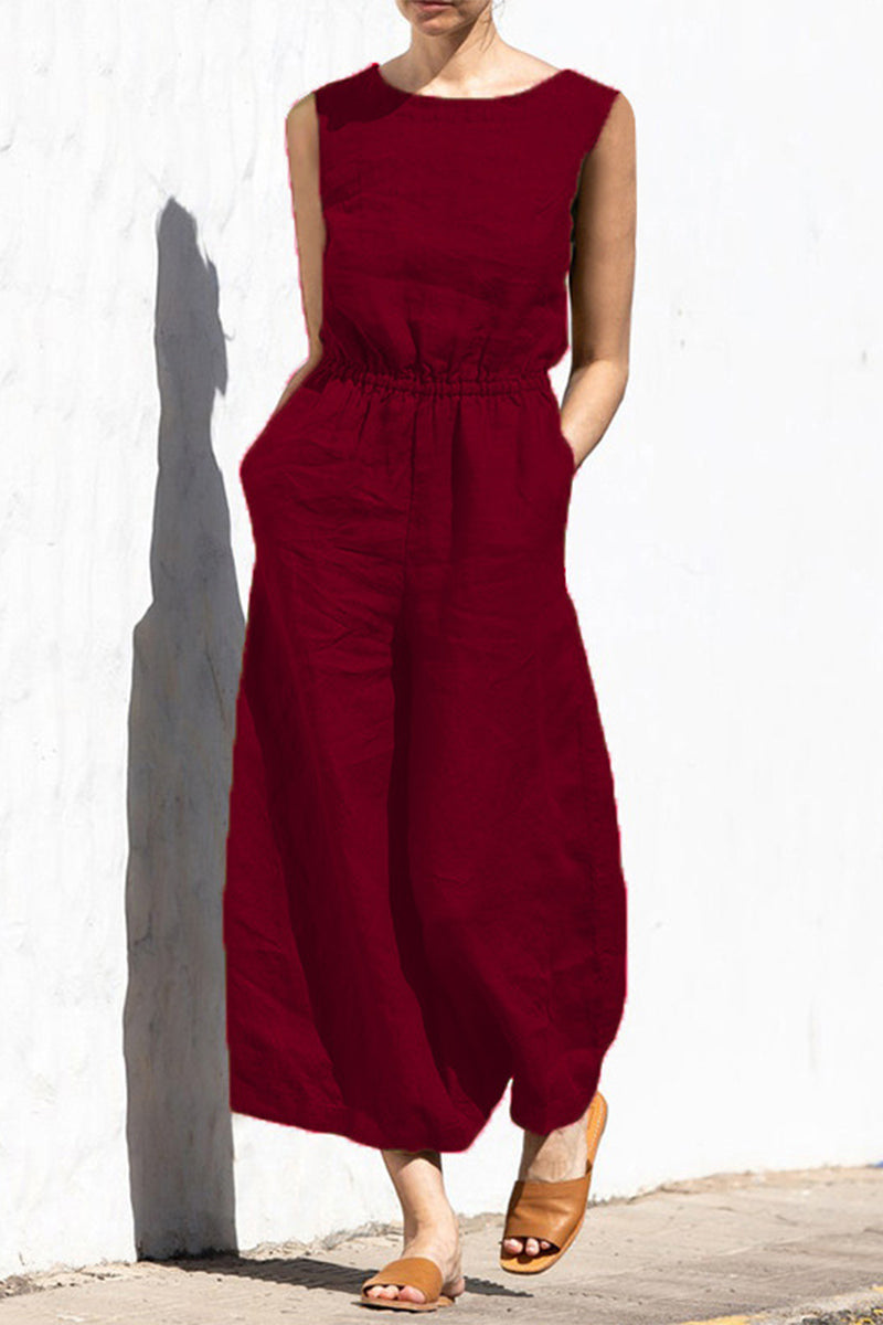 Casual Simplicity Solid Pocket O Neck Loose Jumpsuits(9 Colors)