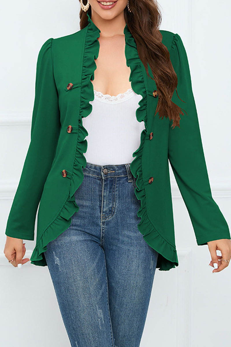 Elegant Solid Buckle Flounce Lotus Leaf Collar Outerwear(5 Colors)