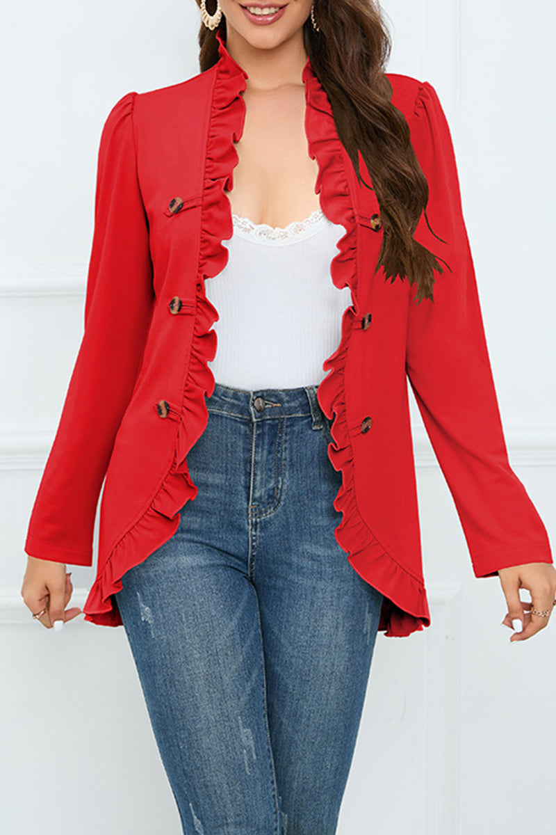 Elegant Solid Buckle Flounce Lotus Leaf Collar Outerwear(5 Colors)