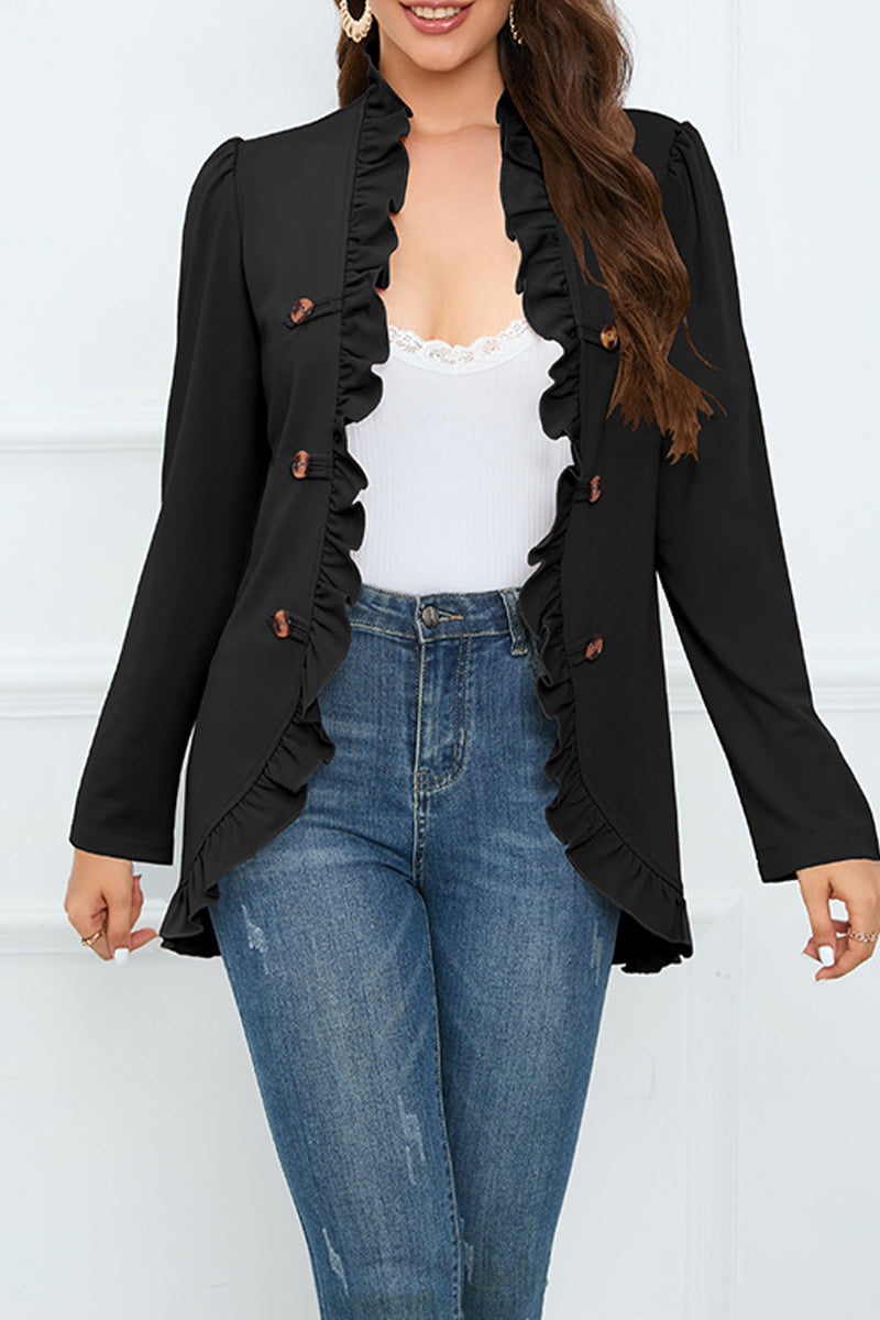 Elegant Solid Buckle Flounce Lotus Leaf Collar Outerwear(5 Colors)