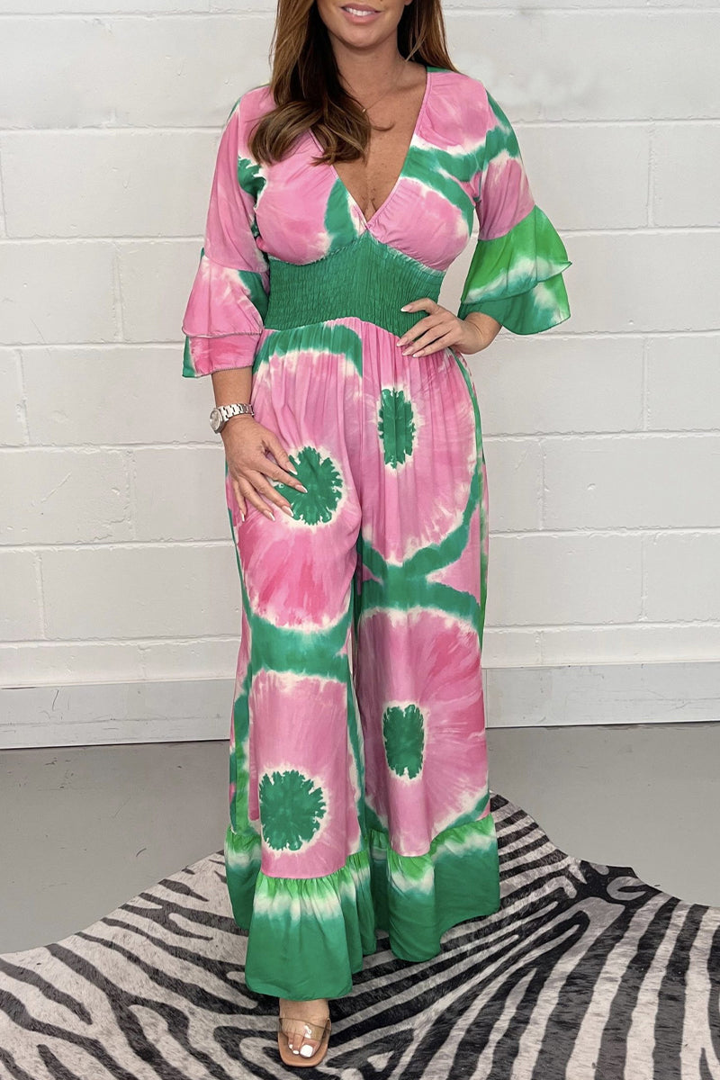 Casual College Print Patchwork V Neck Loose Jumpsuits(3 Colors)