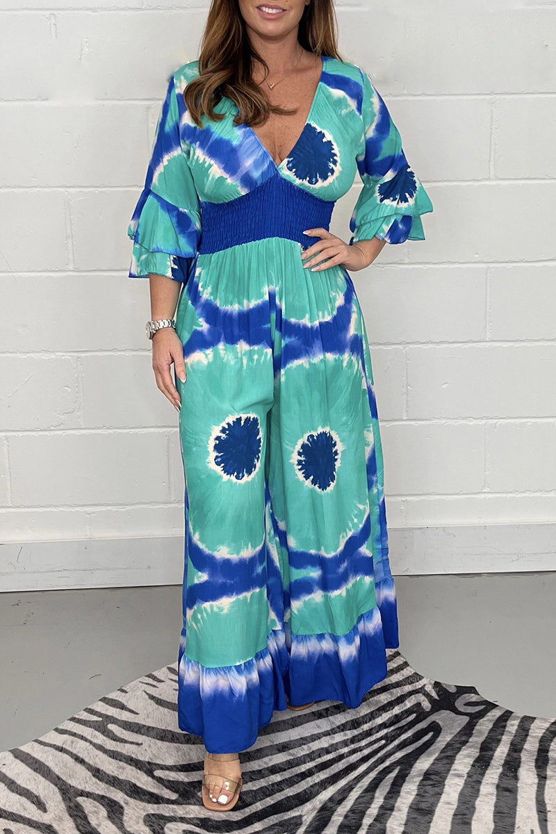 Casual College Print Patchwork V Neck Loose Jumpsuits(3 Colors)