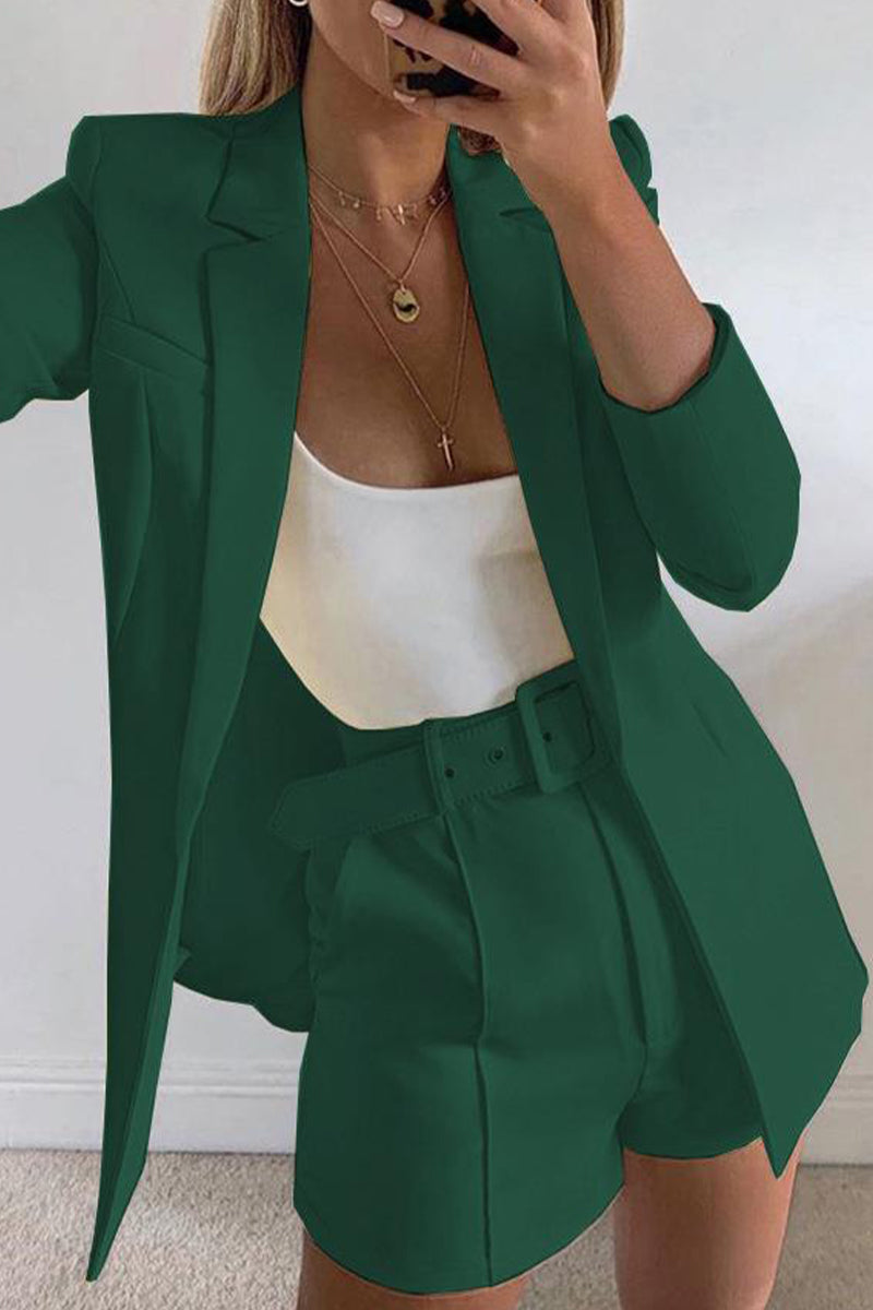 Chic Solid Lapel Long Sleeve Suit Coat+Slim Suit Shorts Two-piece(18 Colors)