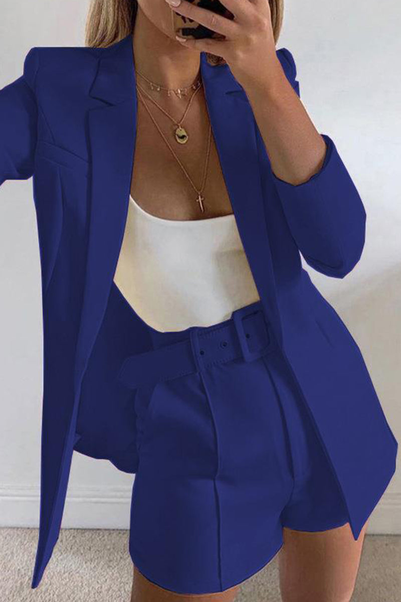 Chic Solid Lapel Long Sleeve Suit Coat+Slim Suit Shorts Two-piece(18 Colors)