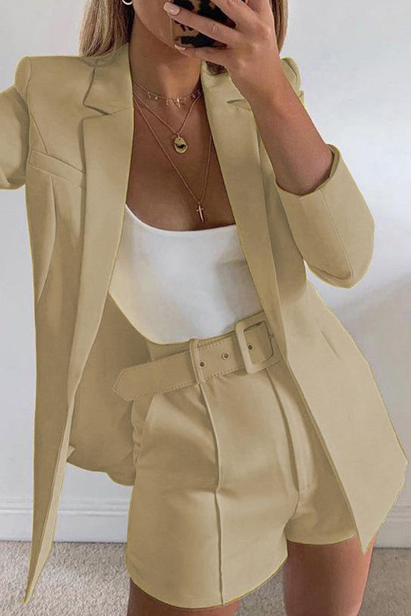 Chic Solid Lapel Long Sleeve Suit Coat+Slim Suit Shorts Two-piece(18 Colors)