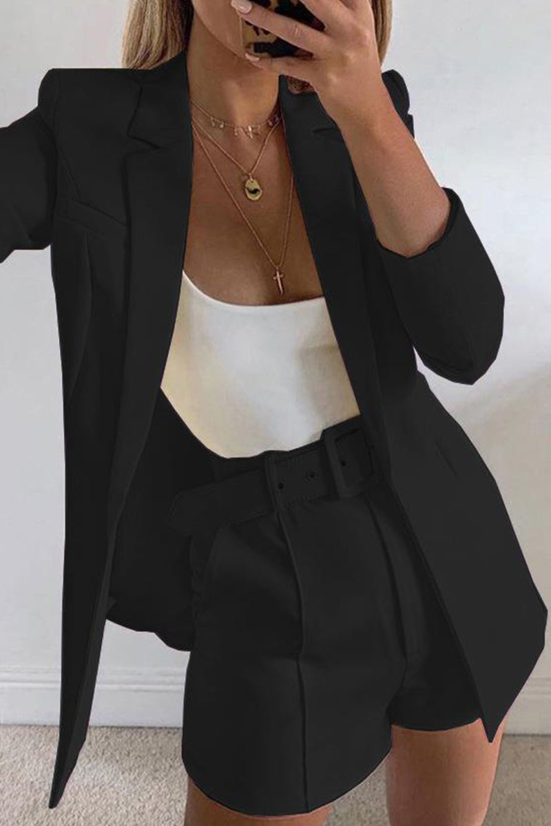 Chic Solid Lapel Long Sleeve Suit Coat+Slim Suit Shorts Two-piece(18 Colors)