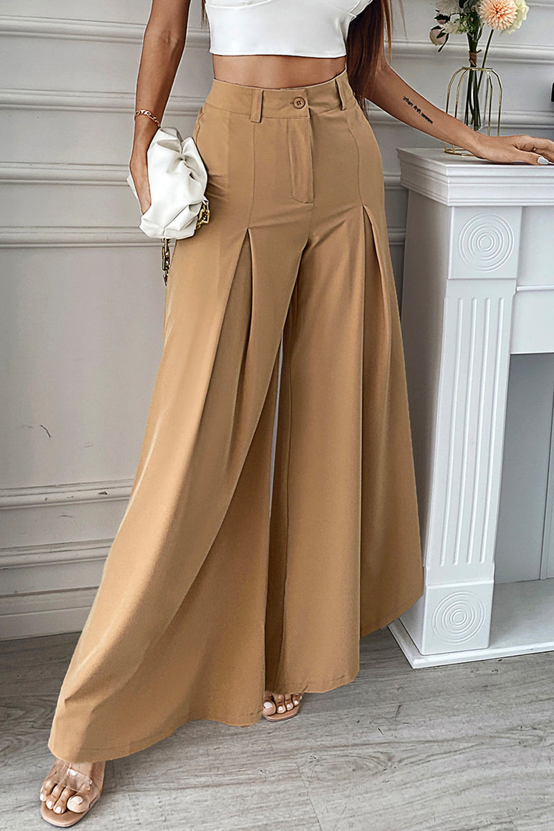 Elegant Solid Fold Loose Wide Leg Solid Color Bottoms(No Belt)(2 Colors)