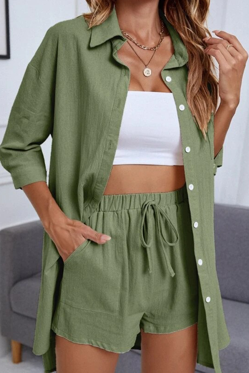 Casual Simplicity Solid Pocket Turndown Collar Half Sleeve Two Pieces(6 Colors)