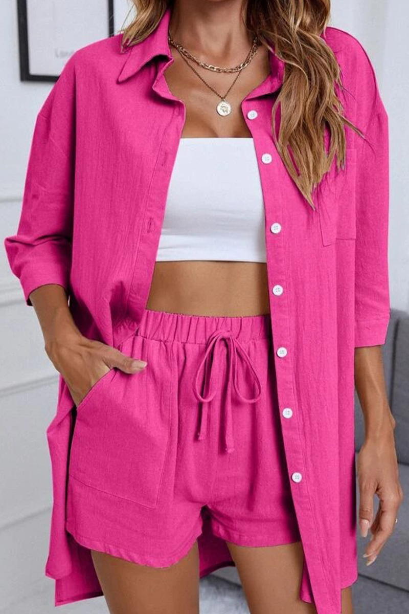 Casual Simplicity Solid Pocket Turndown Collar Half Sleeve Two Pieces(6 Colors)