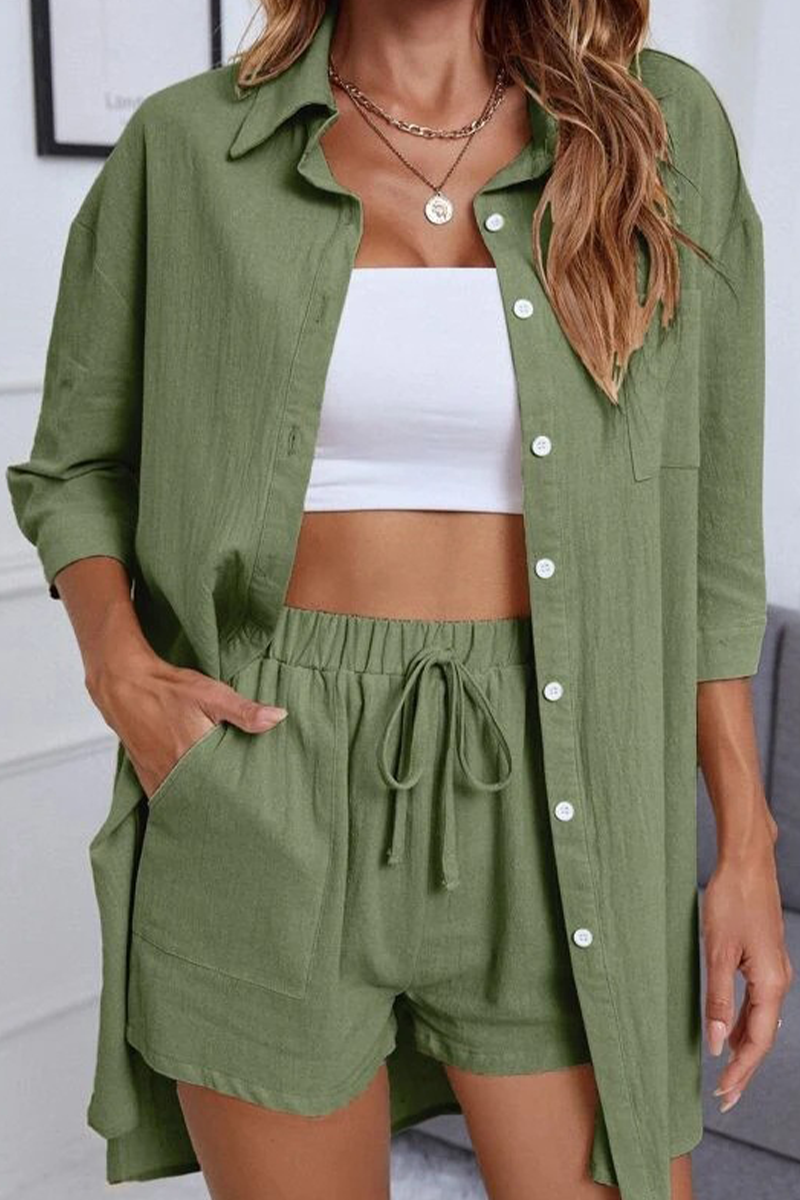Casual Simplicity Solid Pocket Turndown Collar Half Sleeve Two Pieces(6 Colors)