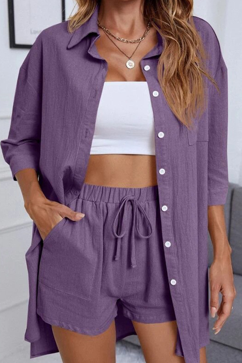 Casual Simplicity Solid Pocket Turndown Collar Half Sleeve Two Pieces(6 Colors)