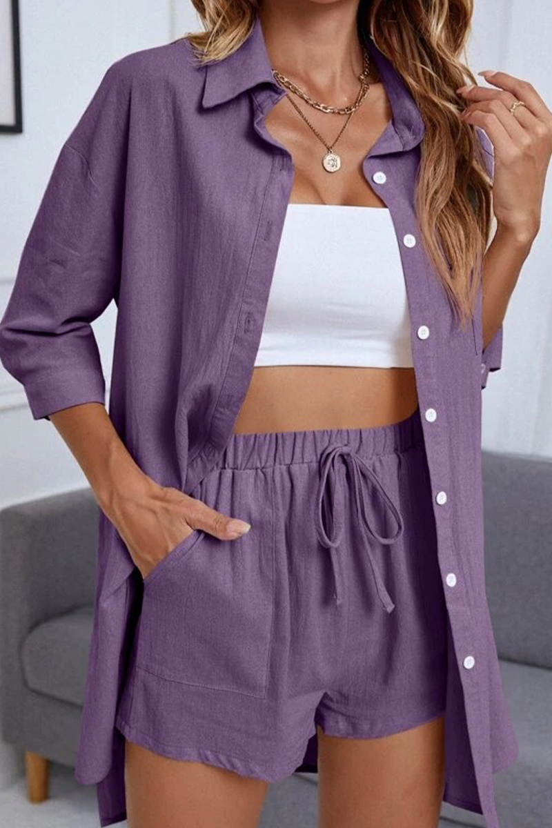 Casual Simplicity Solid Pocket Turndown Collar Half Sleeve Two Pieces(6 Colors)
