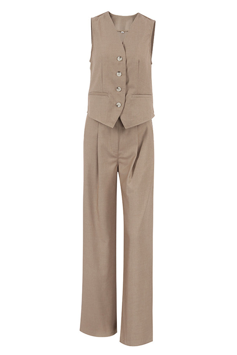 British Style Simplicity Solid Pocket V Neck Sleeveless Two Pieces
