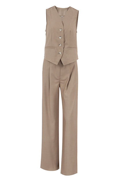 British Style Simplicity Solid Pocket V Neck Sleeveless Two Pieces